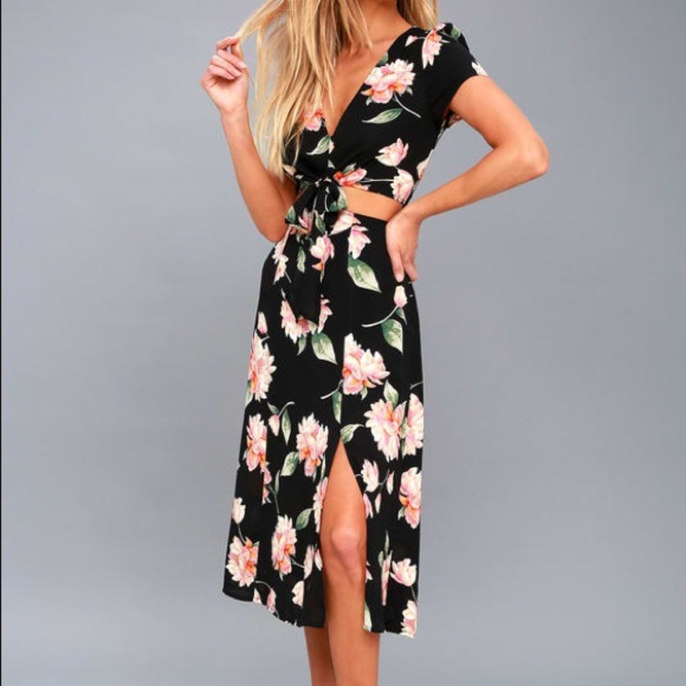 ALISO BLACK FLORAL PRINT CUTOUT MIDI DRESS
